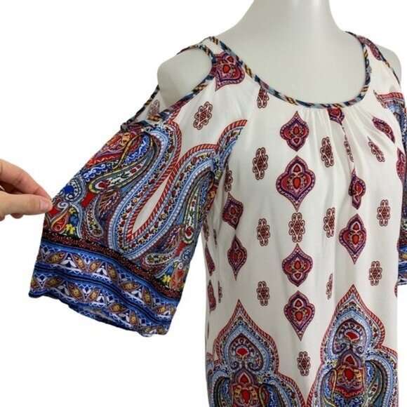 Fig And Flower Cold Shoulder Boho Tunic Top Paisley Print Multicolor Small - Picture 3 of 7